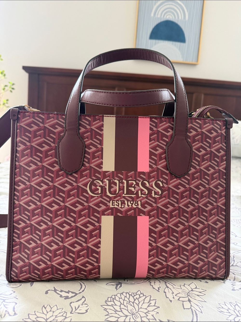 GUESS Burgundy and Pink Logo Stripe Satchel